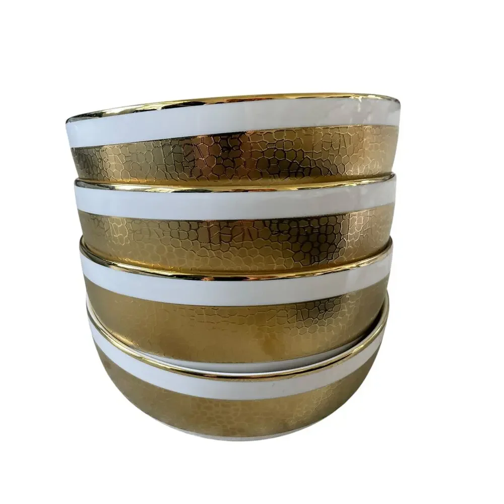 Yedi Metallic Gold Tone 6in Ceramic Bowls Set of 4 Holiday Glam White NEW